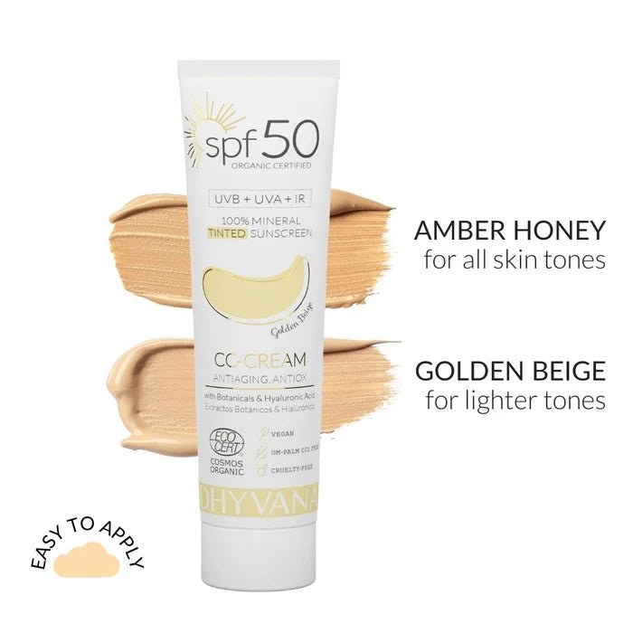 Dhyvana sävyttävä aurinkosuoja kasvoille SPF50, Golden Beige, 50 ml - 4Organic Store (Luomukaista)